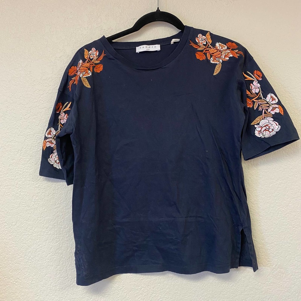 Sandro Navy Tee with Orange & Pink Floral Embroidery